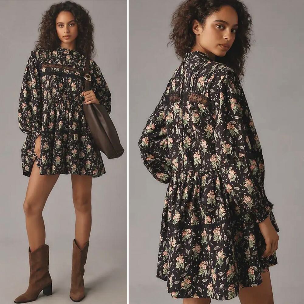 ANTHROPOLOGIE Pilcro Black & Pink Floral Swing Dress – Medium